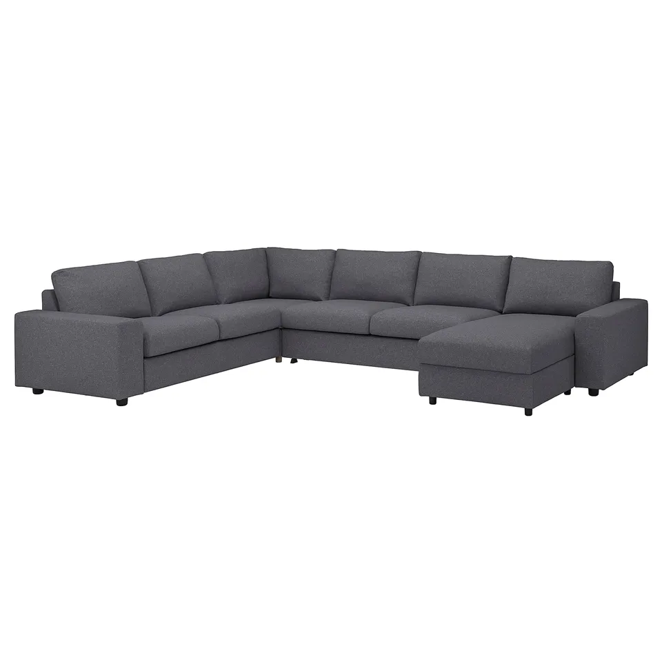 VIMLE sectional sofa, grey, l-shape, with chaise longue, dark wood legs, plush cushions.