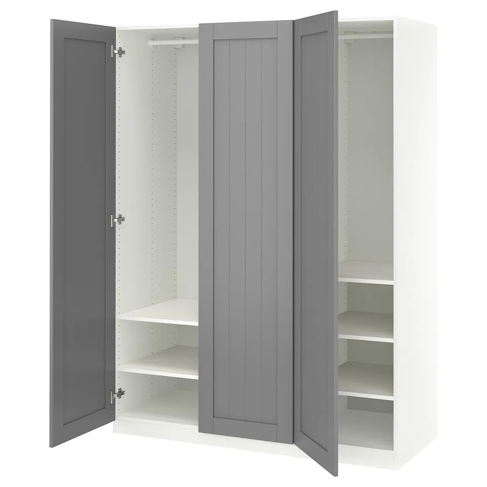 Modern wardrobe with grey doors open, white shelves, steel hinges, and 10-year guarantee.