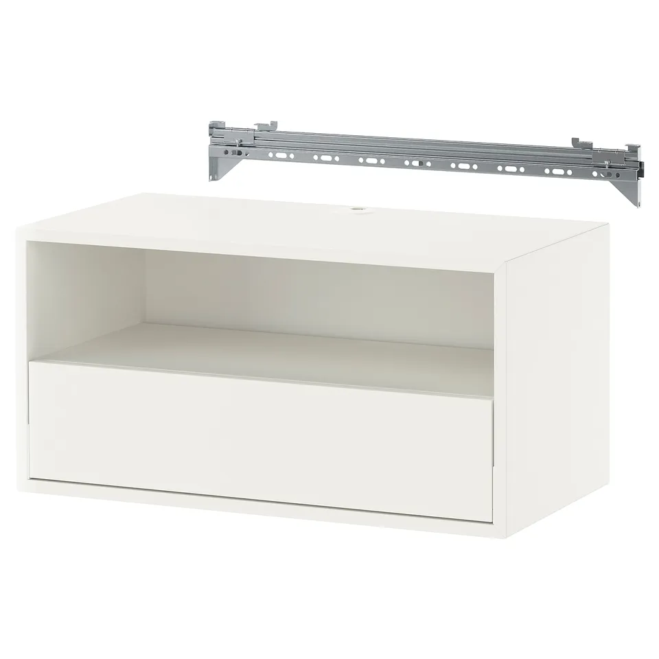 An EKETs white cabinet with a steel suspension rail. Its a rectangular storage unit with open shelves.