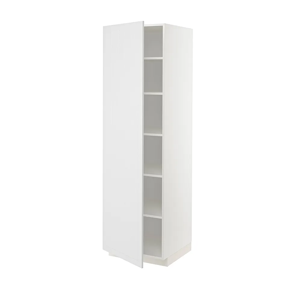 White METOD tall kitchen cabinet with adjustable shelves and reversible door.