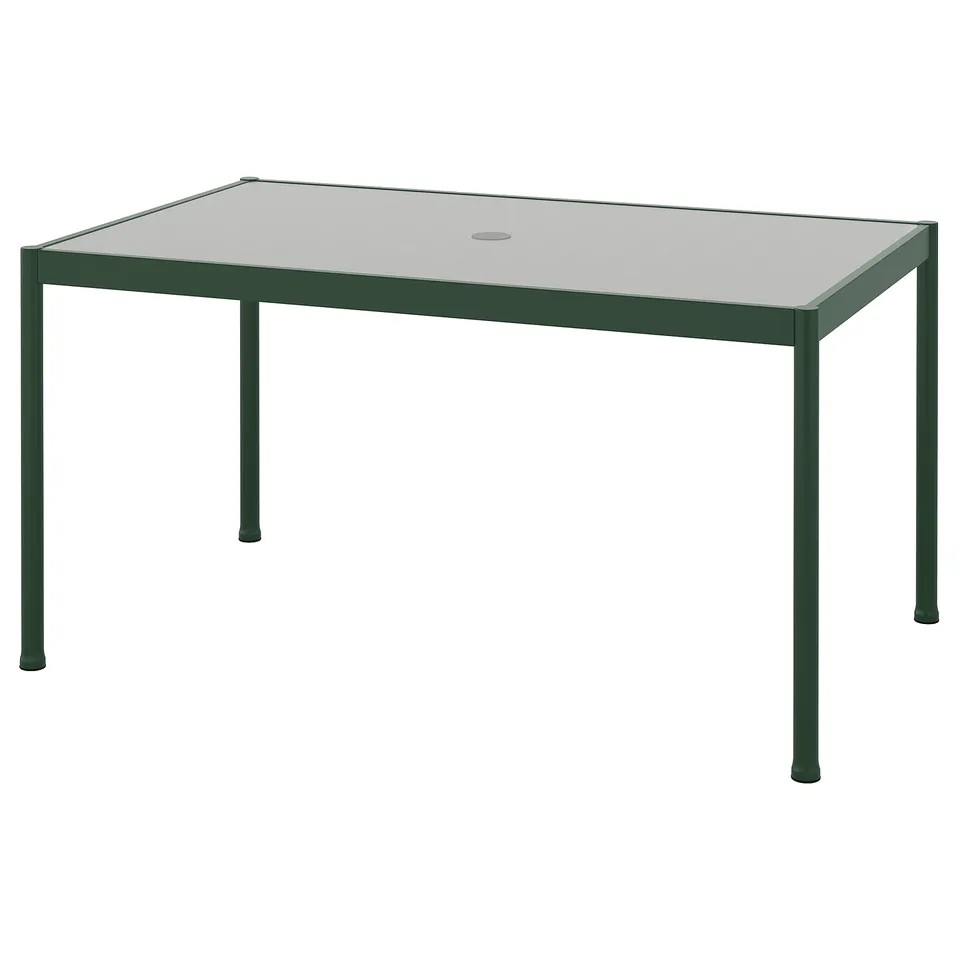 SEGERÖN outdoor table, green, rectangular glass top, 4 legs.