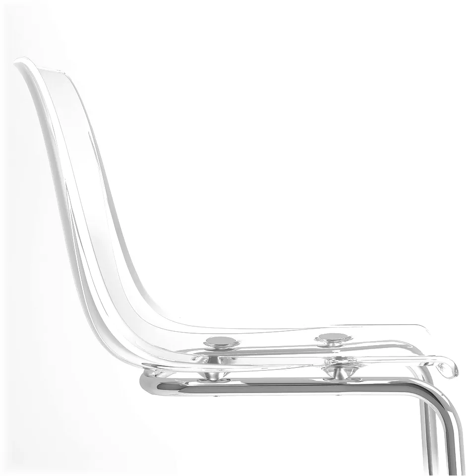 Clear plastic chair with metallic frame, sleek design, minimalistic style.