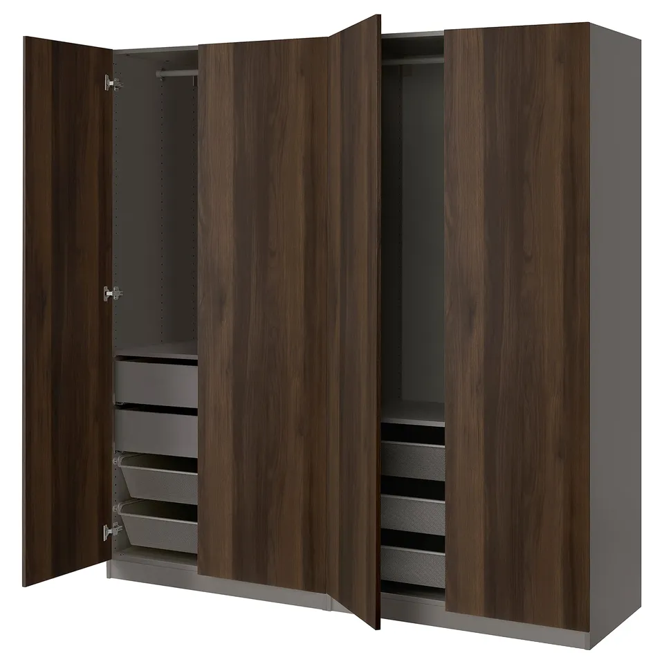 PAX wardrobe, dark brown, wooden doors, drawers, shelves, mesh baskets, soft close hinges.