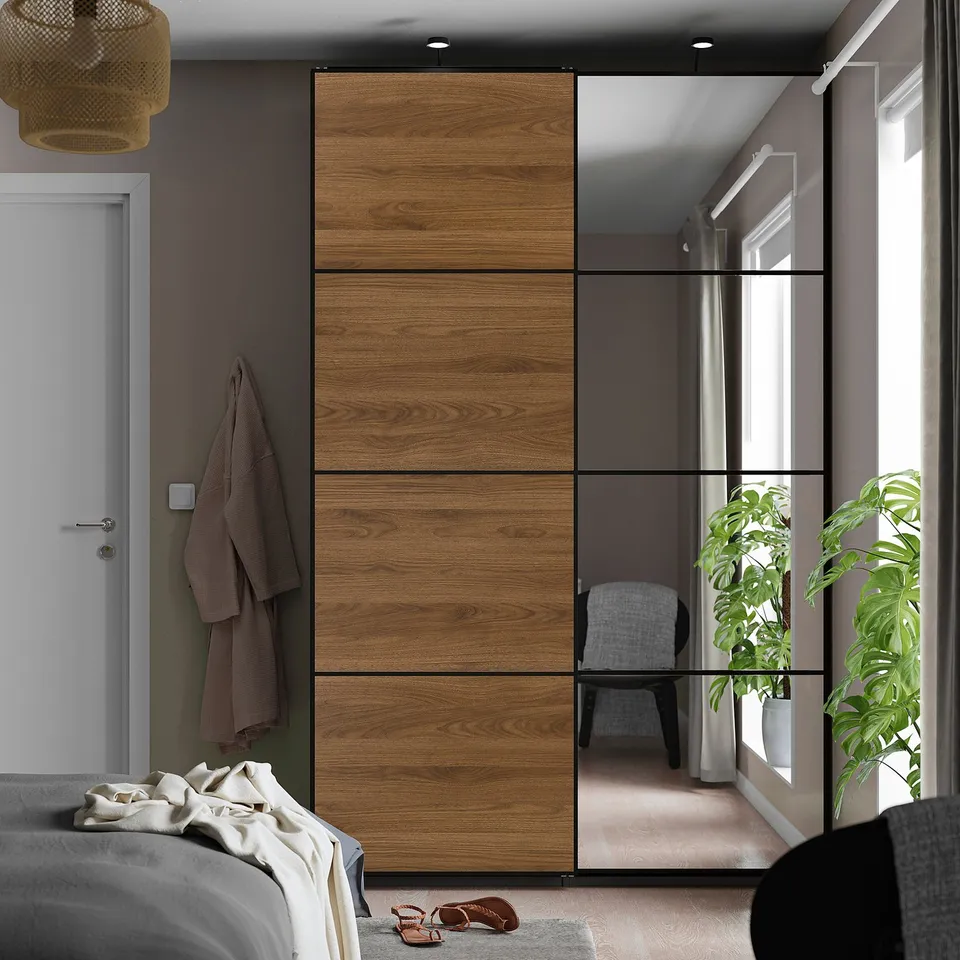 AULI / MEHAMN Pair of sliding doors, black mirror glass/double sided walnut, 150x236 cm