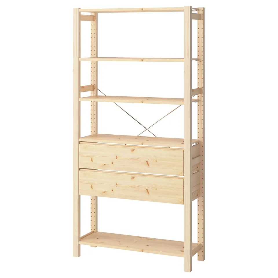 IVAR pine wooden storage shelves, light natural finish, rectangular shape, adjustable shelves and drawers, sturdy design.