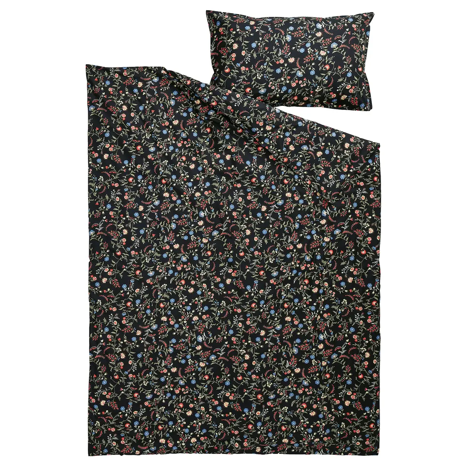 Floral black duvet set, 100% organic cotton, free-flowing design.
