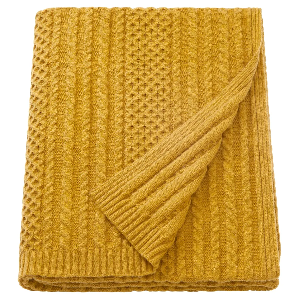 SÖRBYSKOGEN gold knit blanket, recycled polyester, rectangular, fold design.