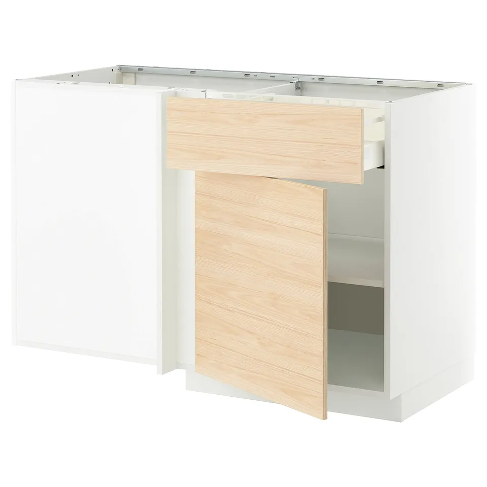 White and wood-grain kitchen cabinet, angled view with open shelf.