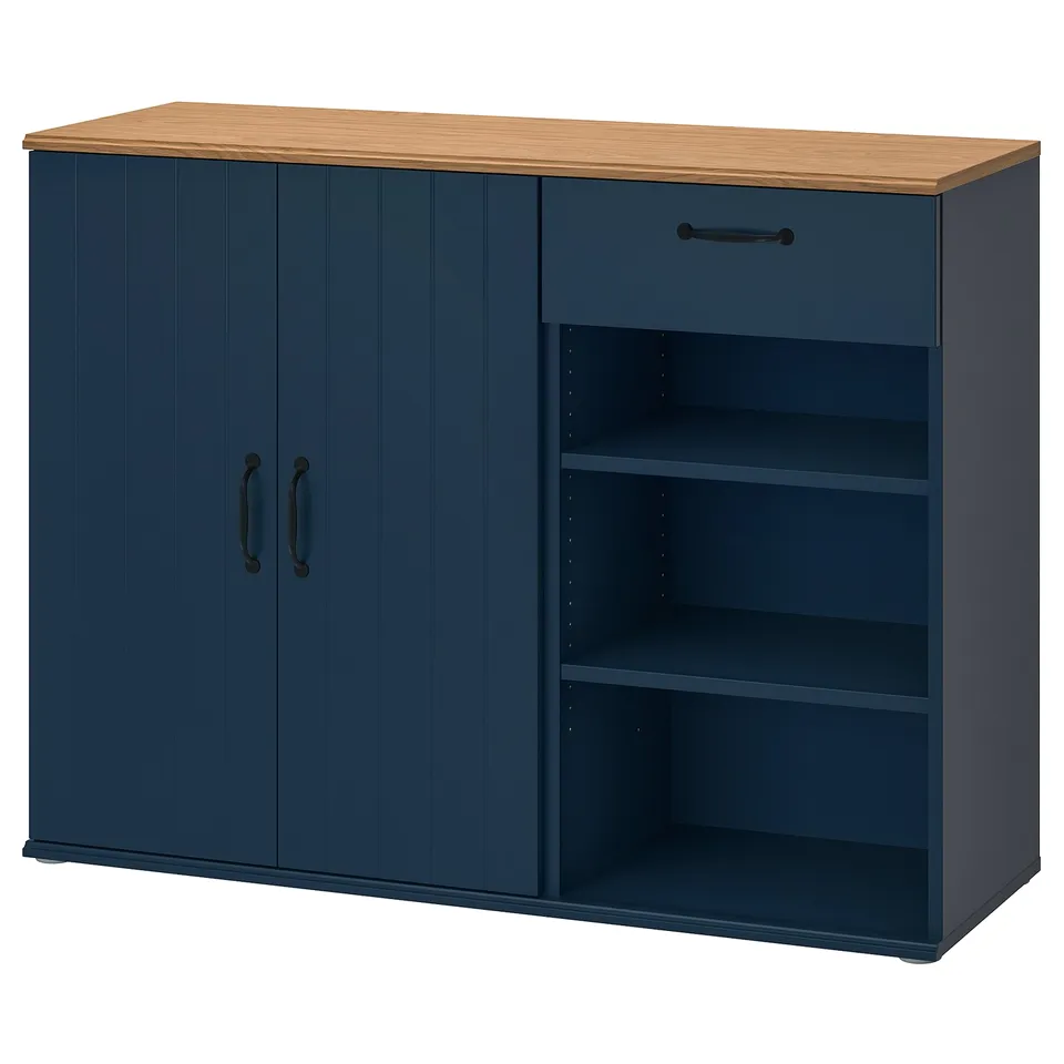 Blue SKRUVBY sideboard with wooden top, closed & open shelves, adjustable feet.