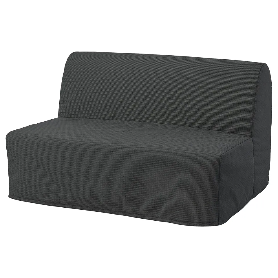 A dark grey LYCKSELE sofa with a quilted texture, rectangular shape, and soft, removable cover.