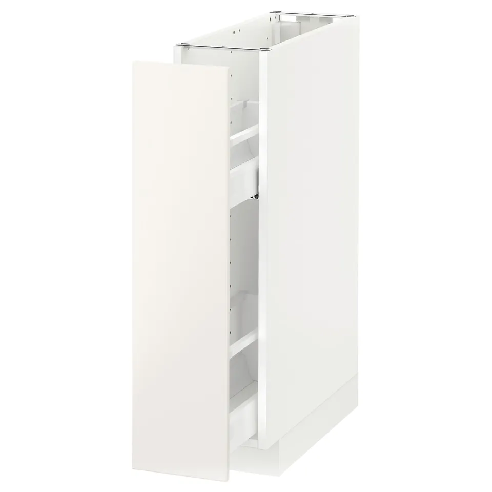 White METOD kitchen cabinet with smooth veddinge fronts. It pull-out shelves and offers ample storage.