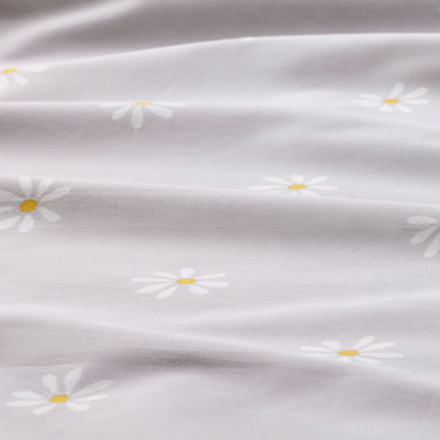 Light grey duvet with soft white daisies, tightly woven crisp cotton.