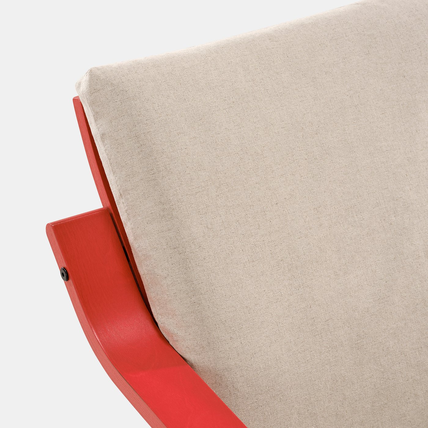 Red fabric-covered armchair with beige cushion. Sleek, modern design.
