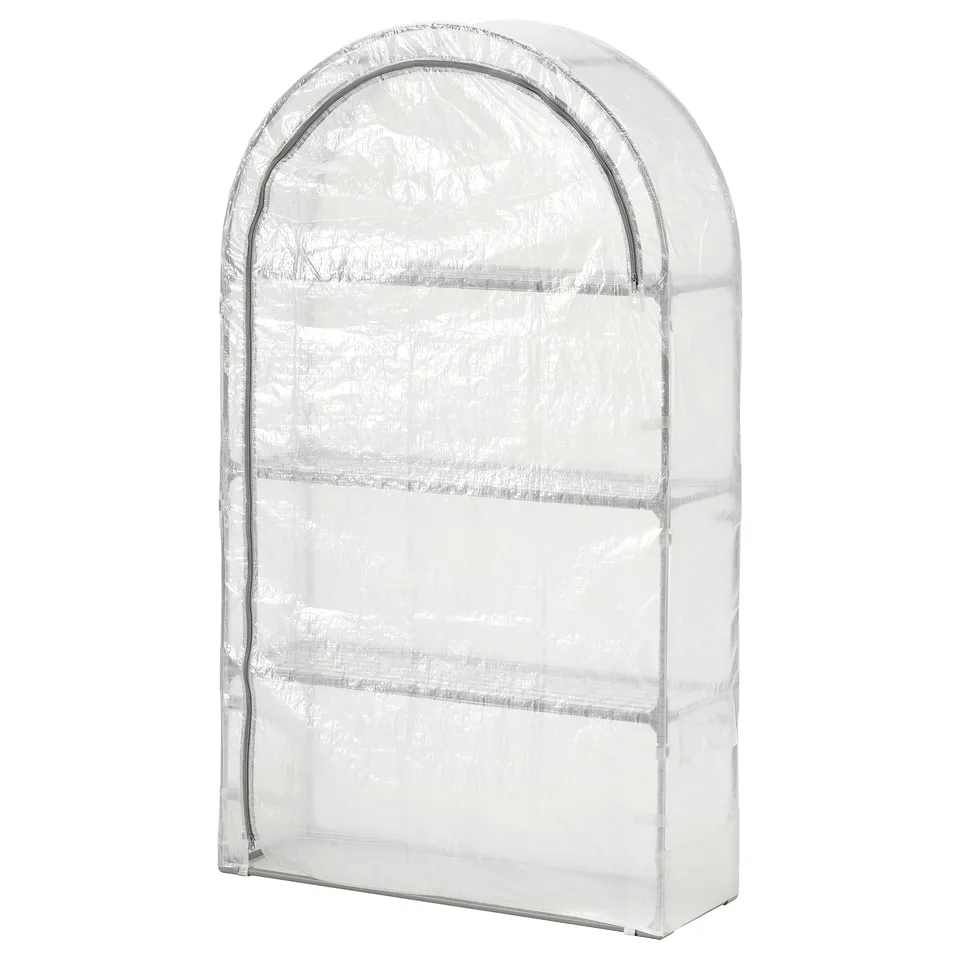 Small white ASPAREN mini greenhouse, arched design with clear cover, three shelves, perfect for balcony or patio, protecting plants from weather.