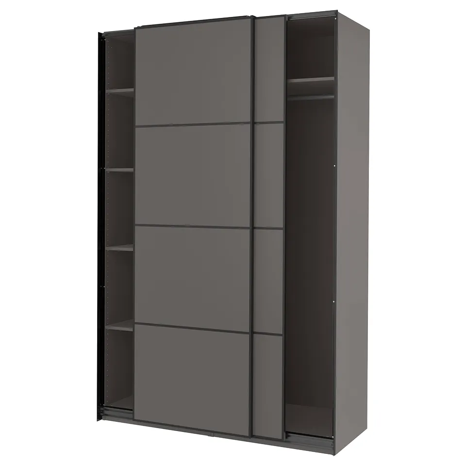 PAX wardrobe: dark grey, modern, sliding doors, rectangular, minimalist, steel and particleboard.
