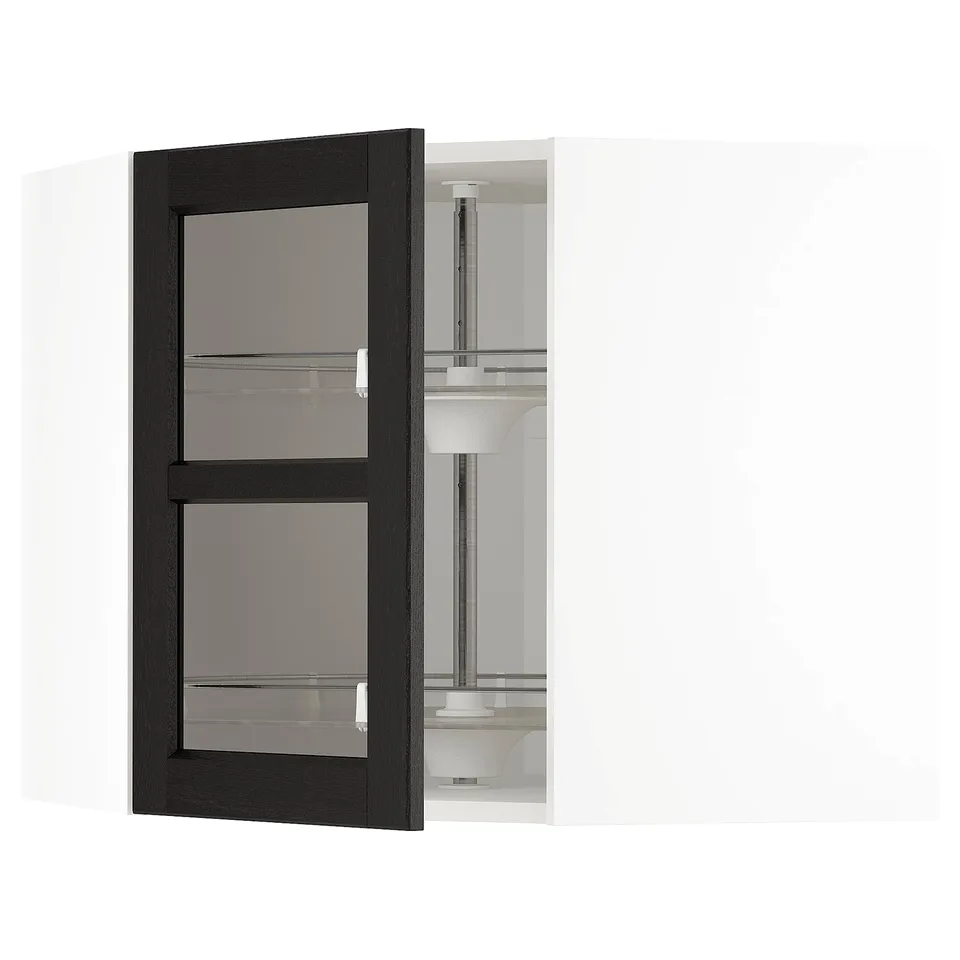 METOD black wooden kitchen cabinet with clear glass doors, showing interior shelves.