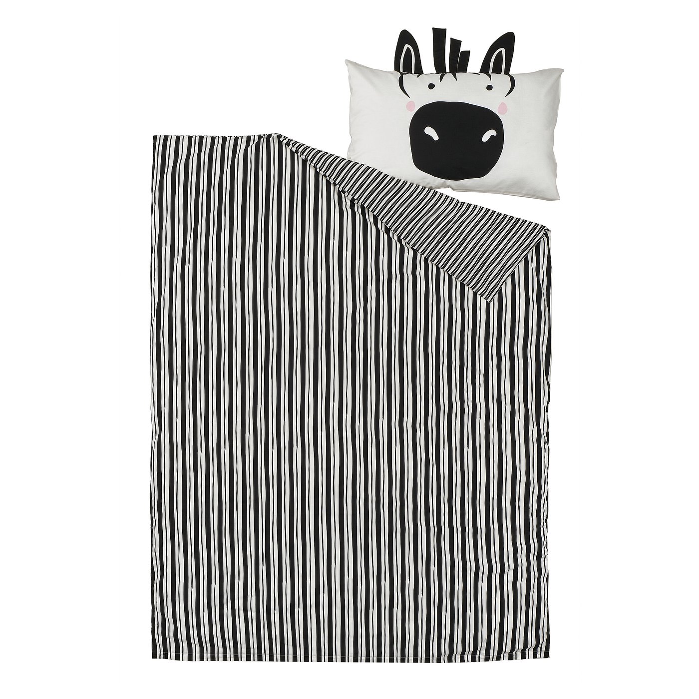 Playful zebra-themed black & white striped duvet set with matching pillow for kids, made from cotton and polyester blend.