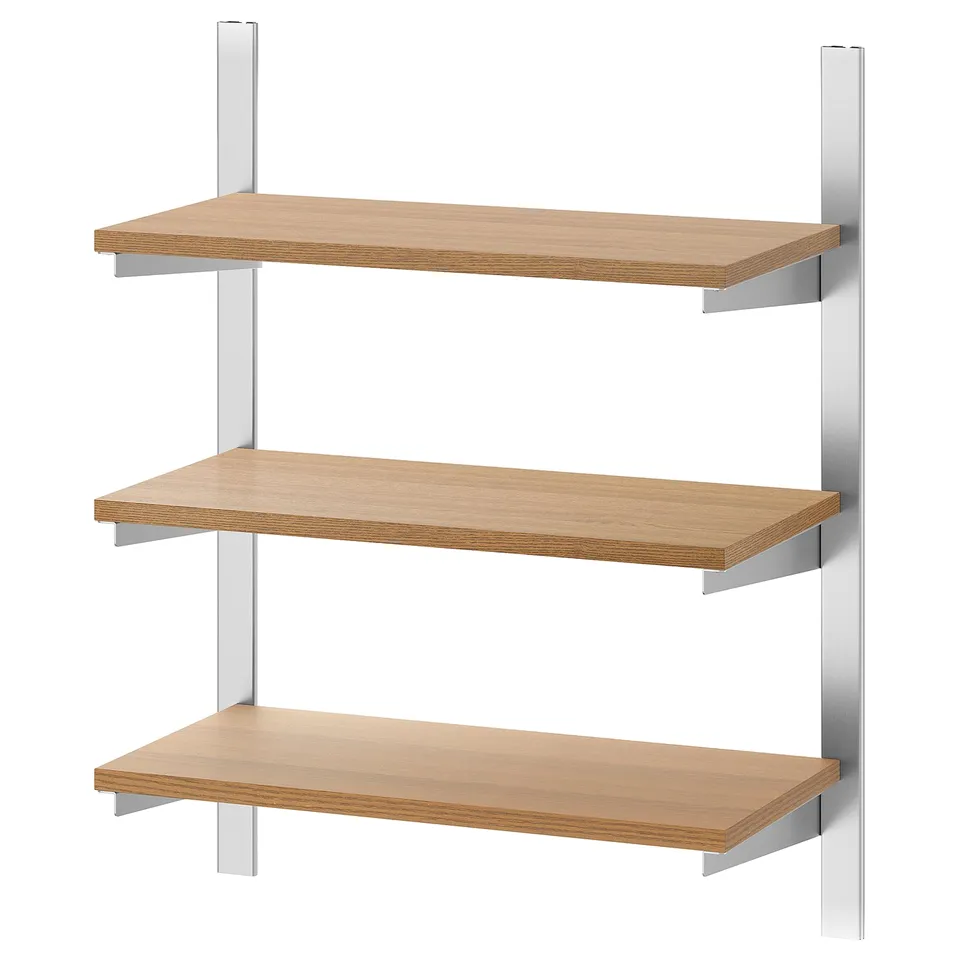 KUNGSFORS, wall shelf unit, light wood & stainless steel, three-tiered, modern & simple.