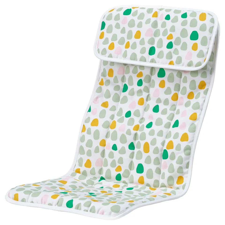 POÄNG colourful cushion for kids, white with green, yellow, and pink dots, soft, padded, safe seat.