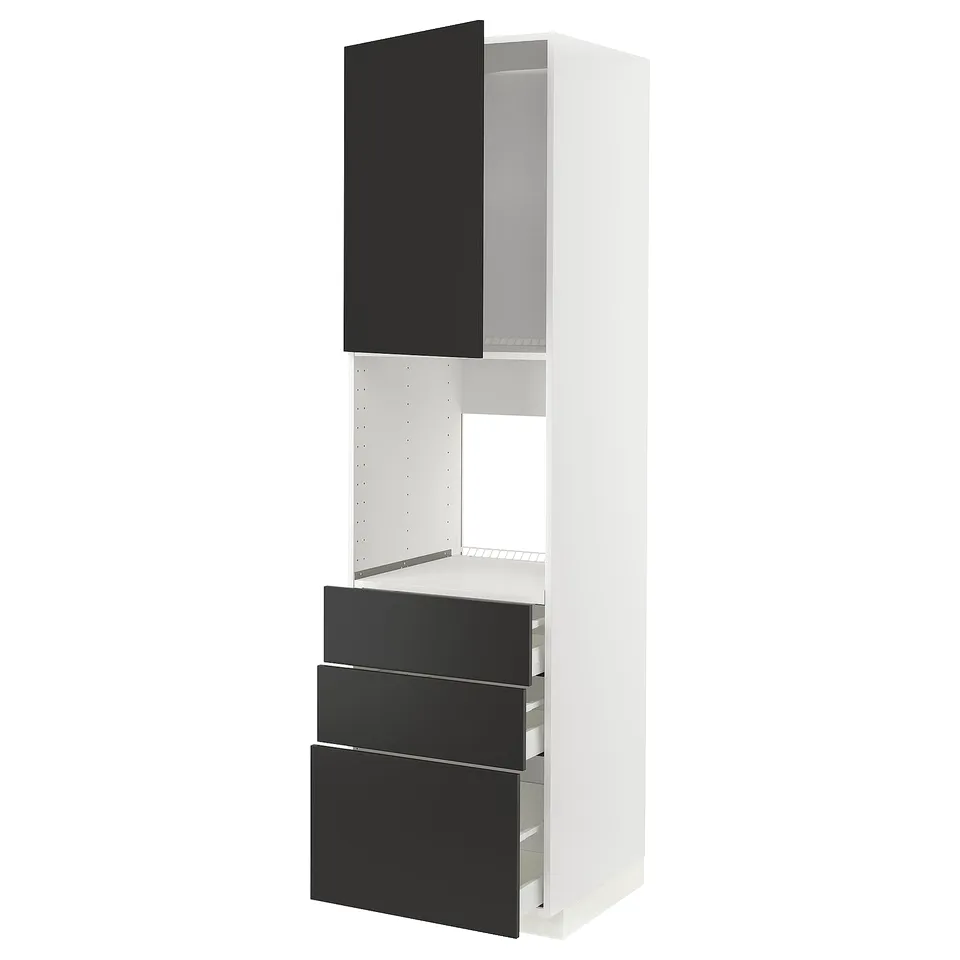 Modern white cabinet with black drawers & doors, sleek design, sturdy & organised storage.