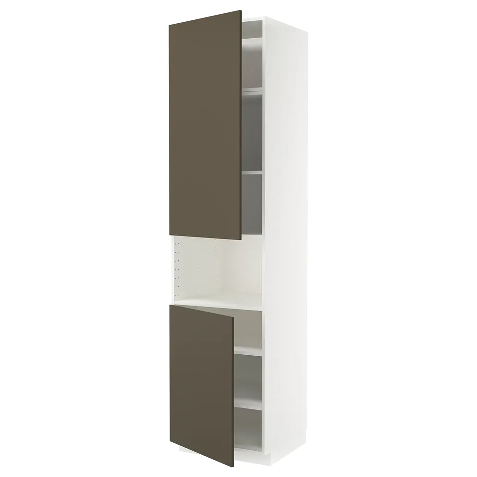 Tall white cabinet, dark brown doors, 3 shelves, adjustable, modern kitchen storage.