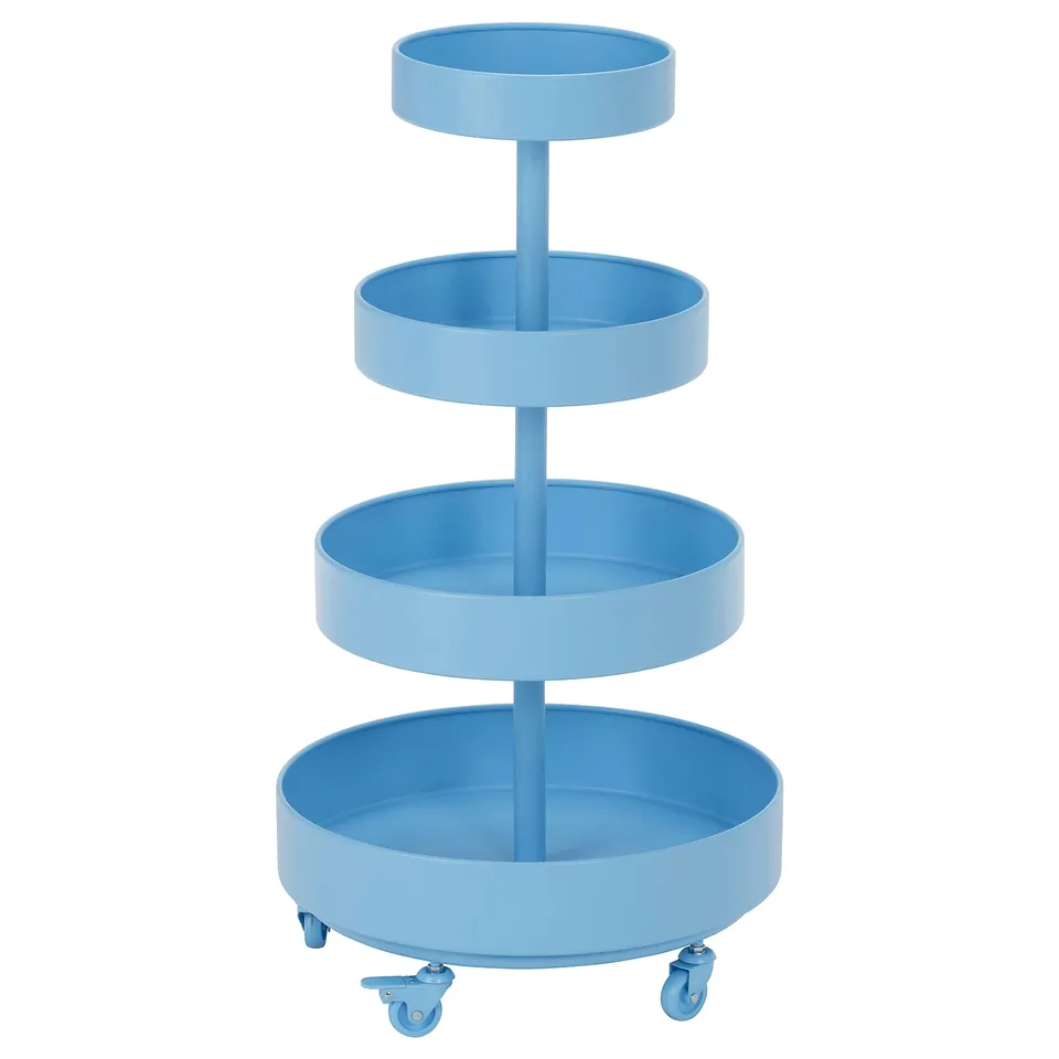 A light blue three-tier rolling storage cart with a circular shape by IKEA.