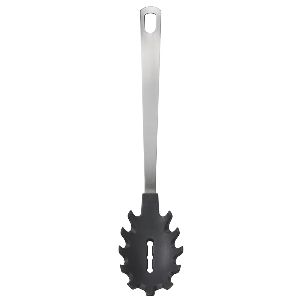Black pasta server with sleek metal handle, grooves for gripping pasta, hole for hanging, made of stainless steel and silicone.