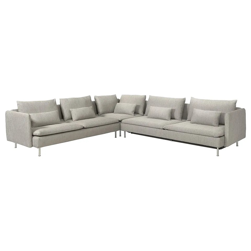 A modern light grey l-shaped SÖDERHAMN sofa-bed with sleek lines and supportive cushions.