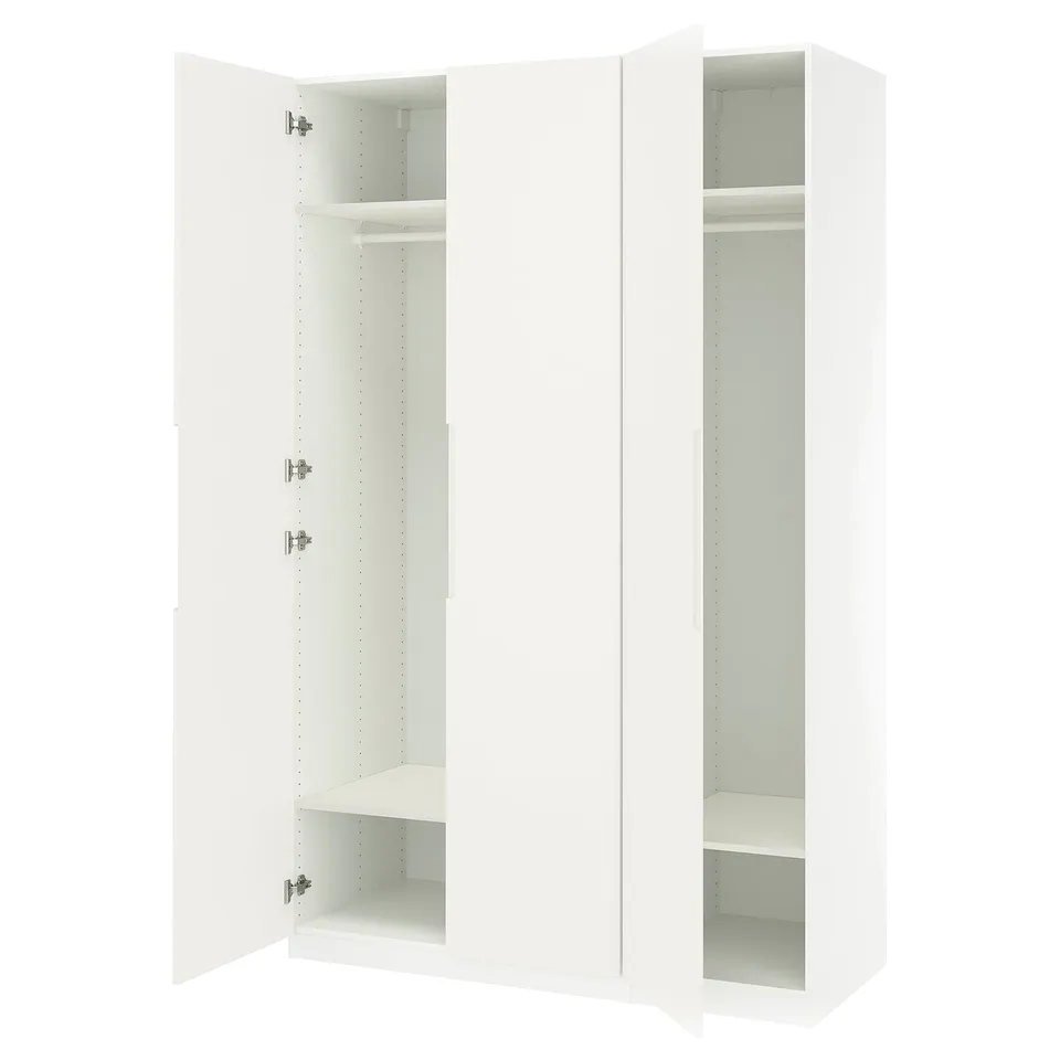 An open white ikea PAX wardrobe, showcasing its interior storage space with shelves and hanging rods.