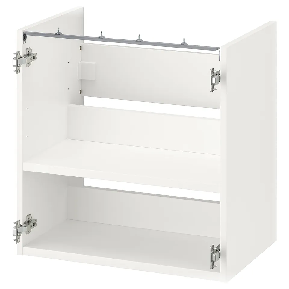 A white ENHET base cabinet for the bathroom, with shelves and metallic hinges, designed for storage.