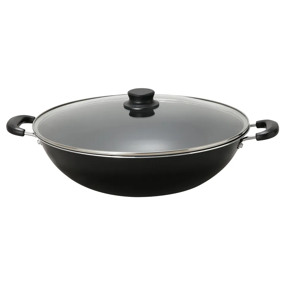 Black TOLERANT wok with lid, aluminium, ceramic non-stick, two handles, glass lid, ideal for daily cooking.