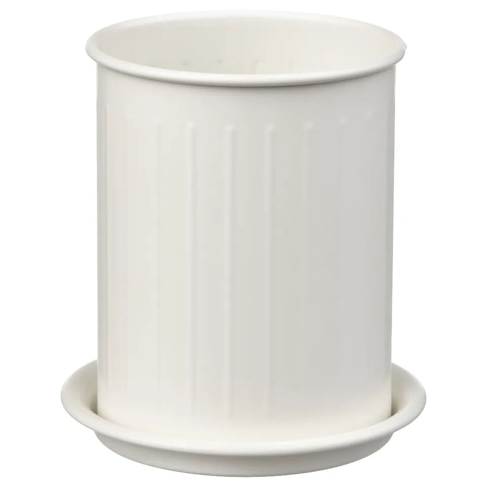 White cylindrical galvanised steel planter with vertical lines and a matching saucer on a white background.