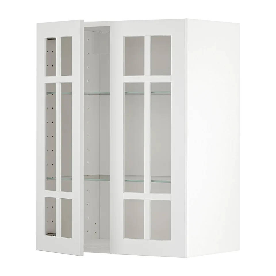 METOD white kitchen cabinets with glass doors, modern design, adjustable shelves.