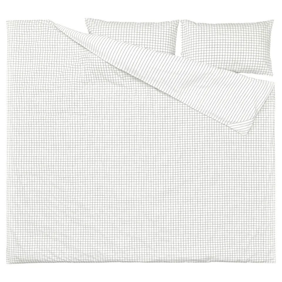 DOFTAKLEJA duvet cover, white, check & stripe, cotton, rectangular, stitched pattern