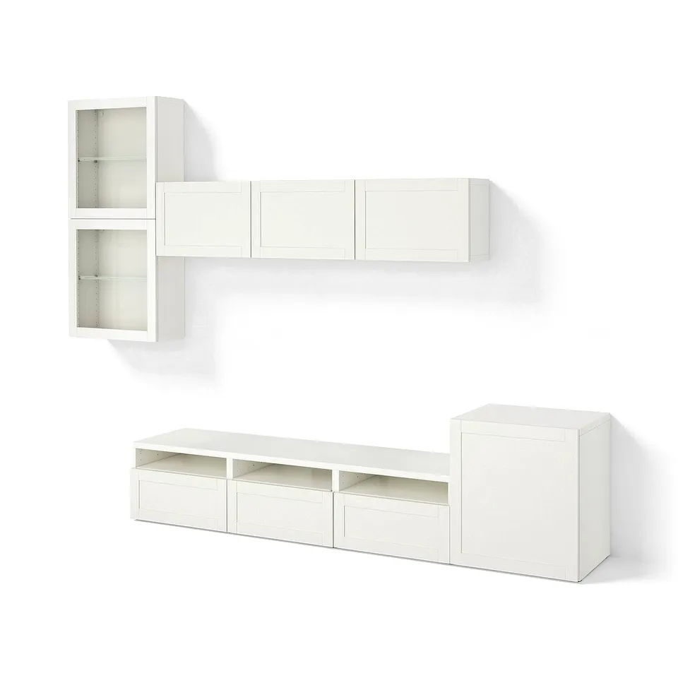 BESTÅ TV storage combination/glass doors, white/Hanviken white clear glass, 300x42x211 cm