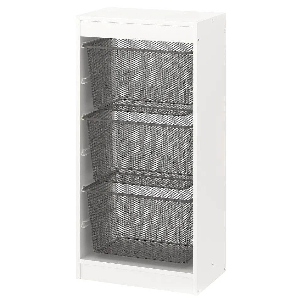 A white TROFAST storage unit with three mesh compartments, ideal for organising items, featuring a modern design with durable materials.