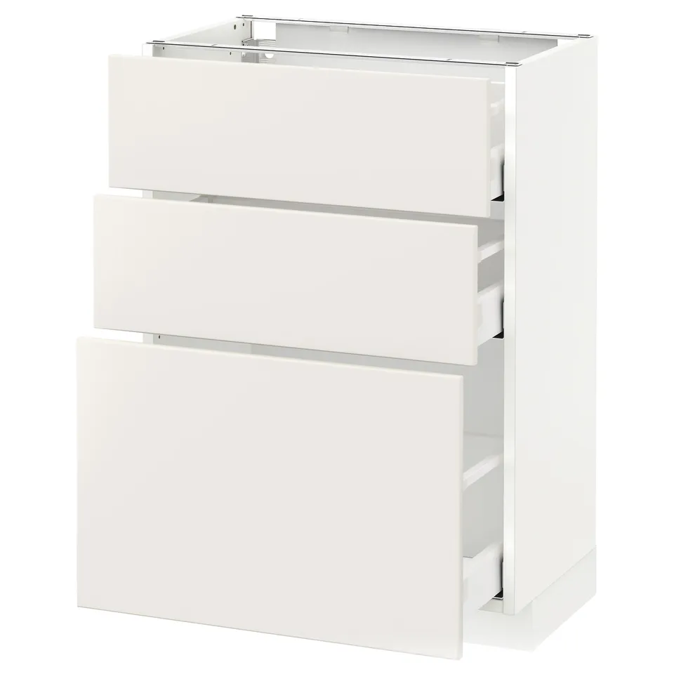 METOD white kitchen unit with three drawers, sleek and modern.
