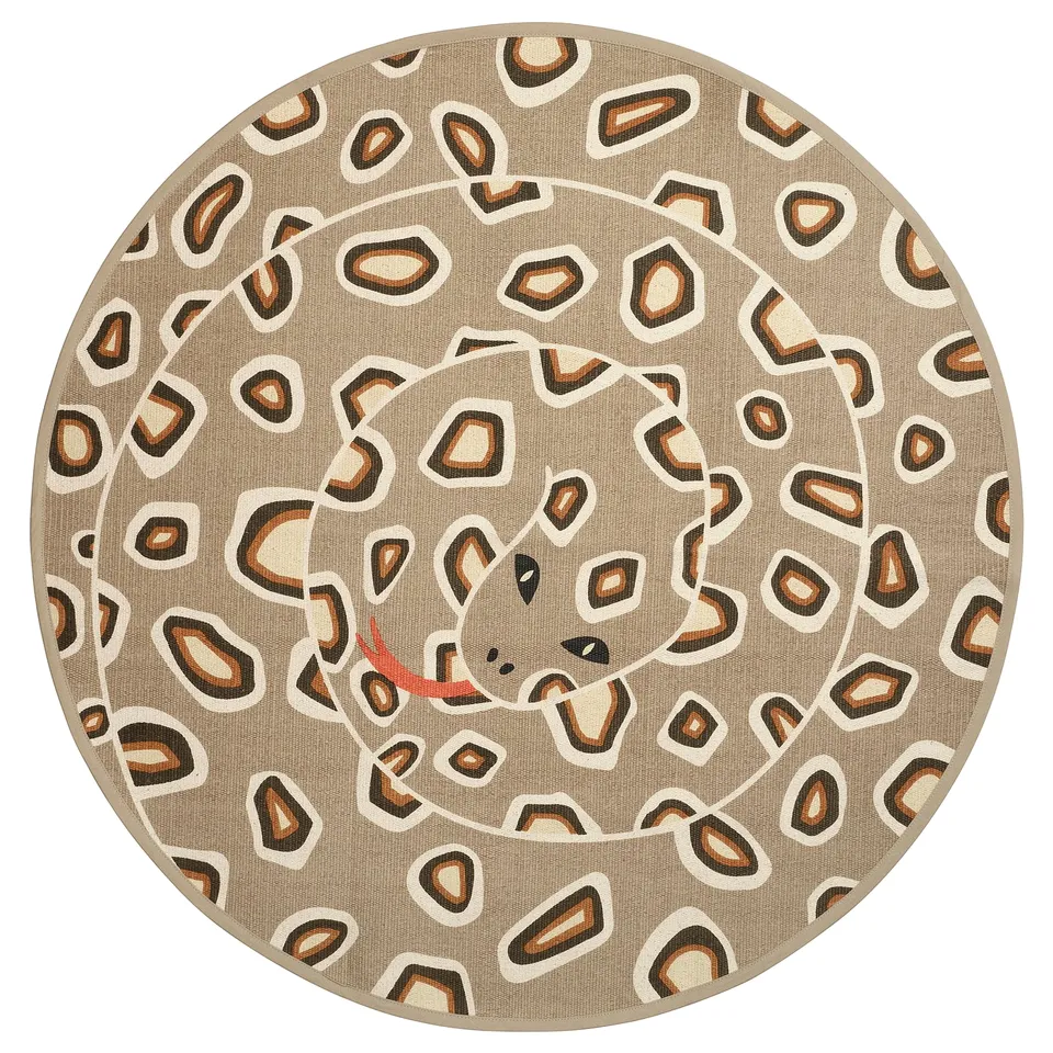 Sandlopaare round rug: beige-brown snake print, cotton, circular.