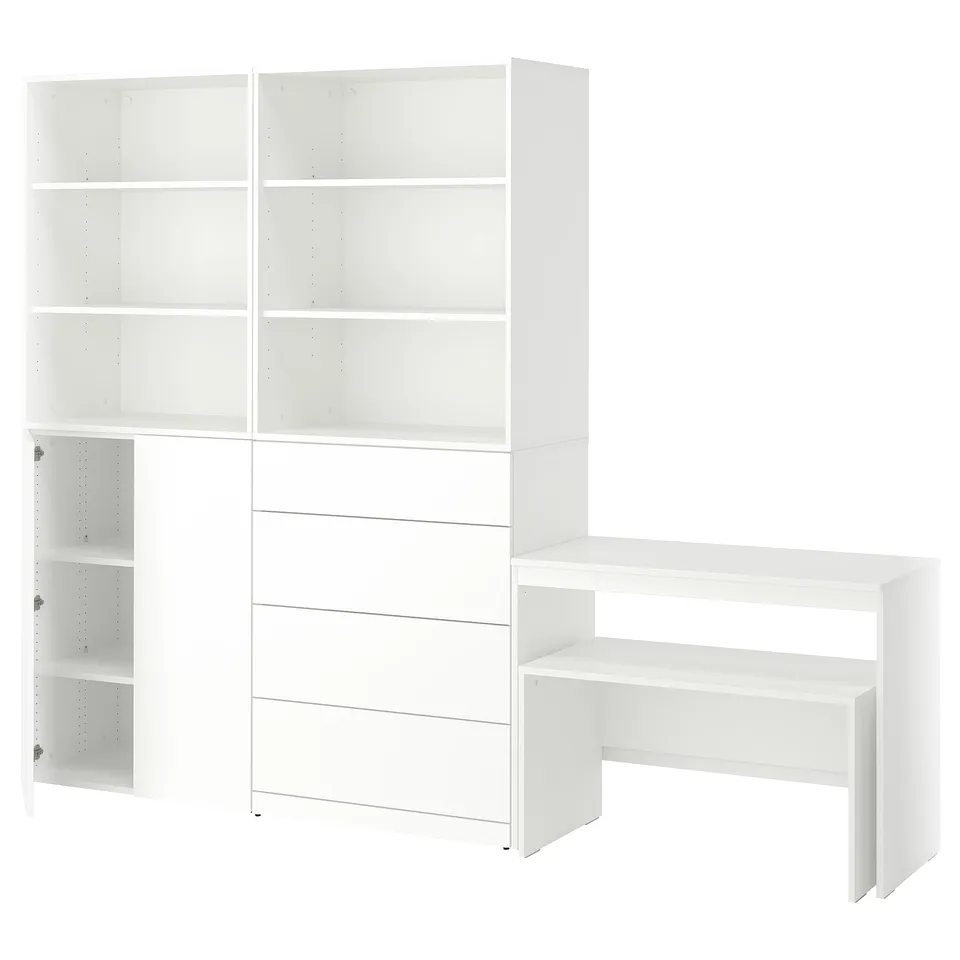 A white LASTARE storage set. It includes a tall unit with shelves and drawers, and a desk. Modern, minimalist design.