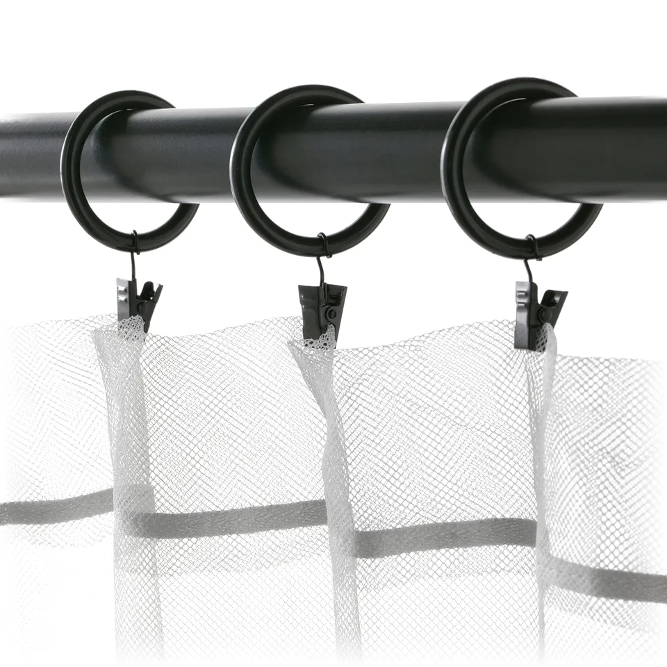 Black curtain rings with clips hang sheer curtains. Easy to slide and attach.
