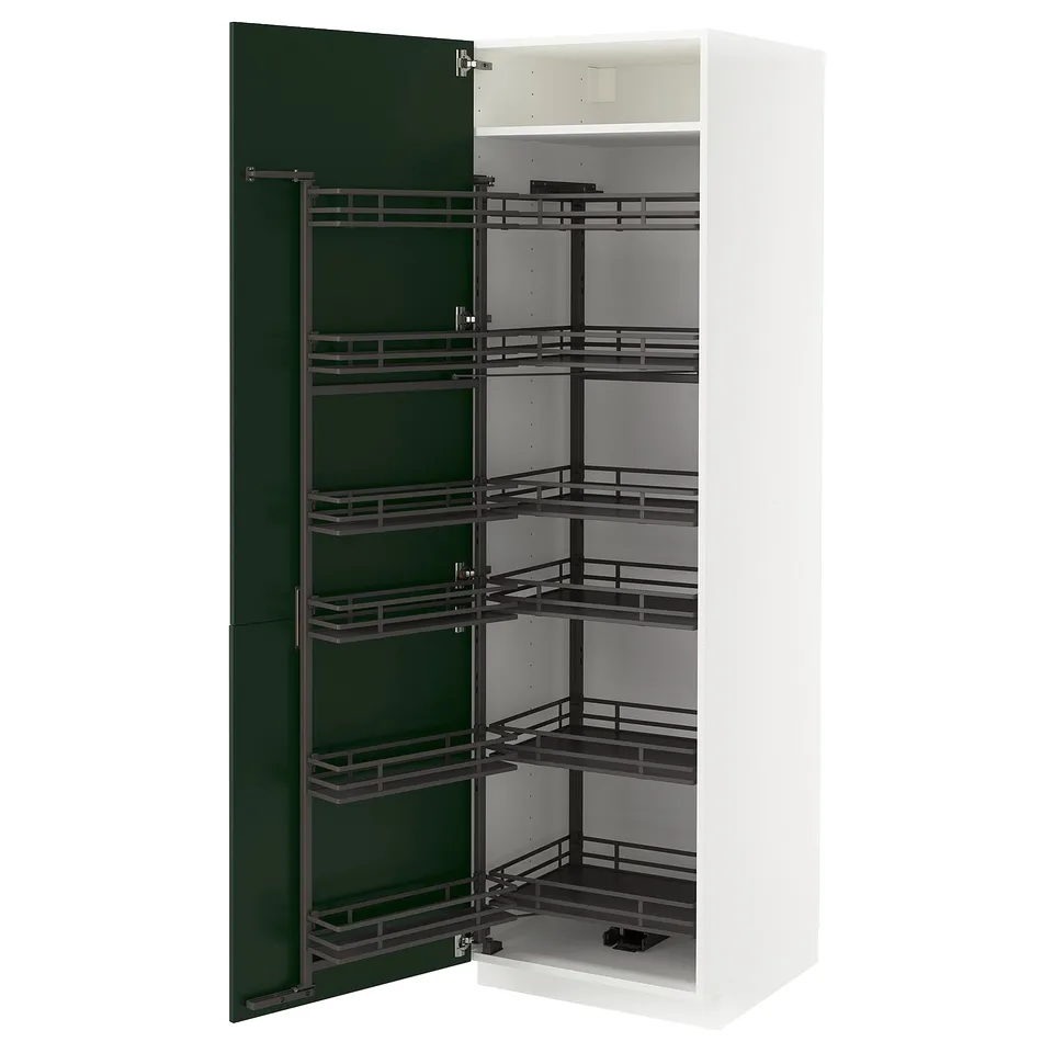 Modern kitchen cabinet, white with green door, multiple pull-out shelves.