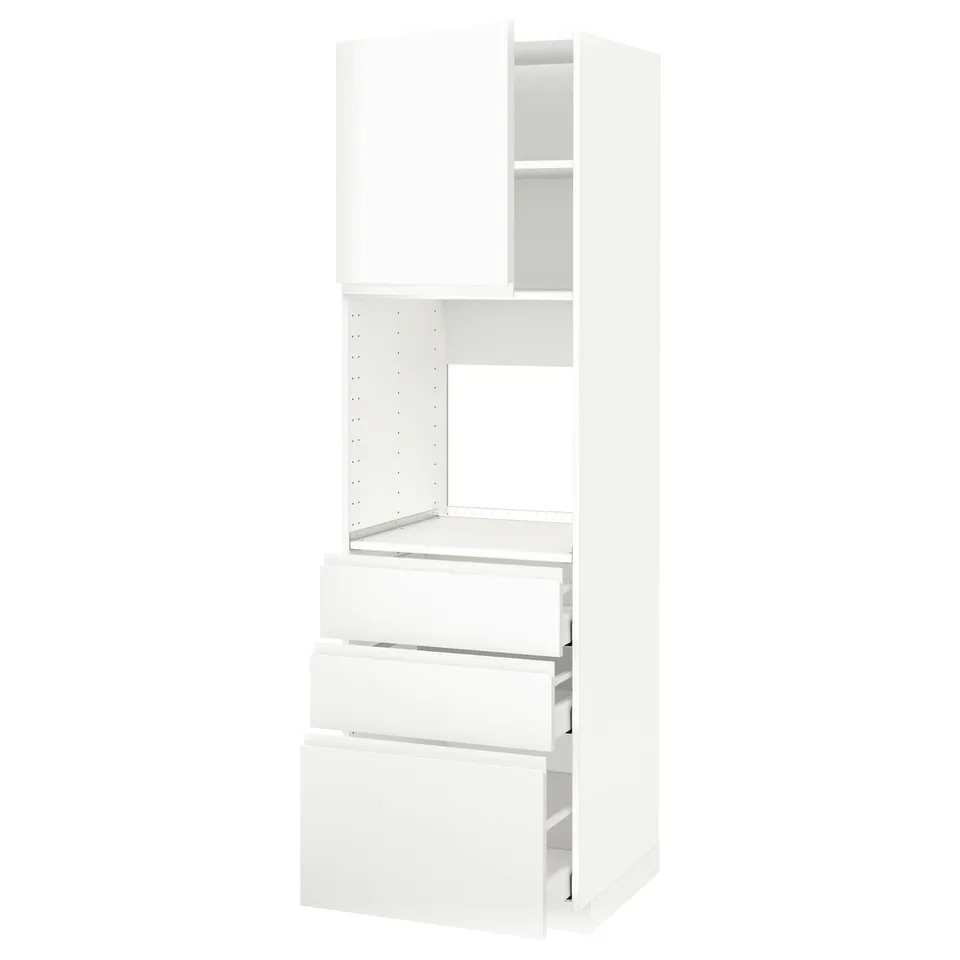 METOD white kitchen unit with three drawers and a cabinet.