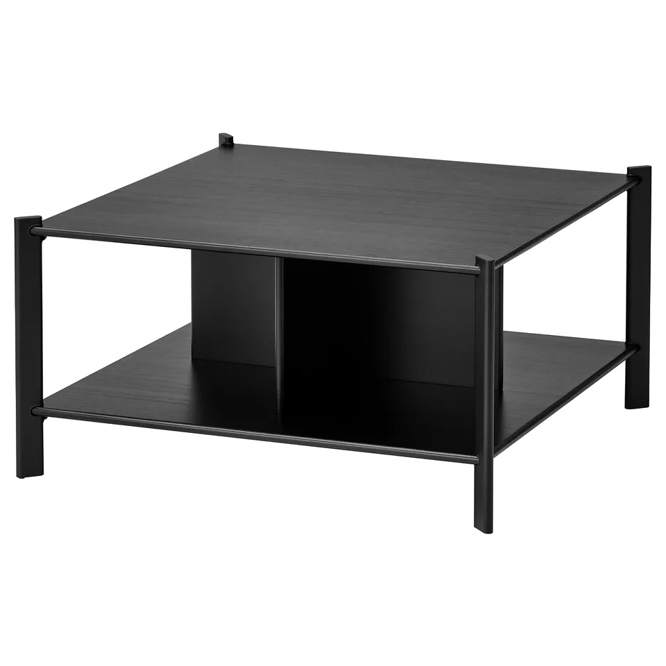 A JÄTTESTA coffee table, sleek and modern, in black. Its square-shaped, with bamboo shelves and metal legs, perfect for storage and display.