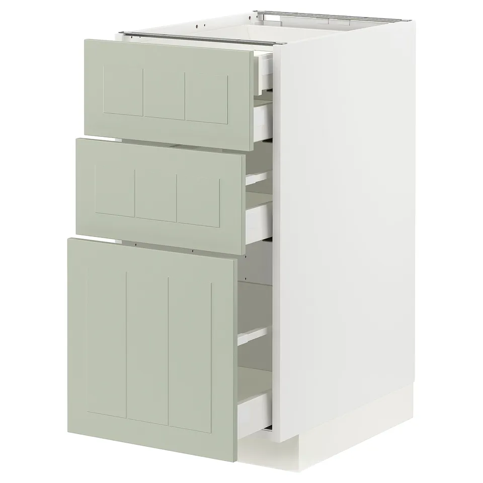 Green ikea METOD kitchen unit with 3 drawers and cabinet.