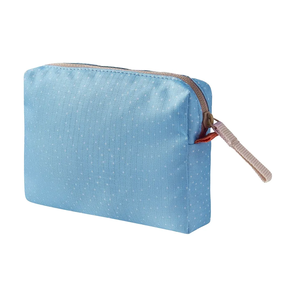 Blue recycled polyester pouch with zip and handle for storing small items.