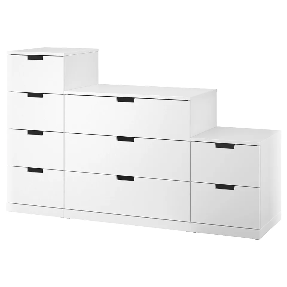 A white NORDLI chest of drawers with multiple sections. Its modern, versatile, and can be arranged in various configurations.