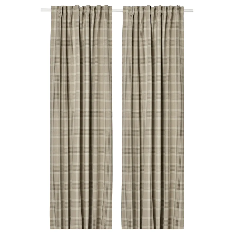 Beige plaid curtains; HÄGGVECKMAL, 250 cm, wool-like, room darkening, recycled polyester.