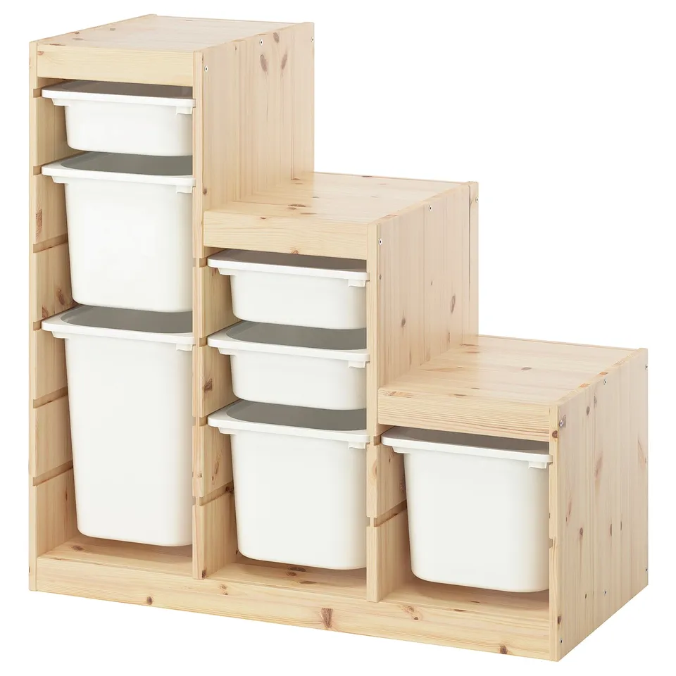 TROFAST Storage combination with boxes, light white stained pine/white, 94x44x91 cm