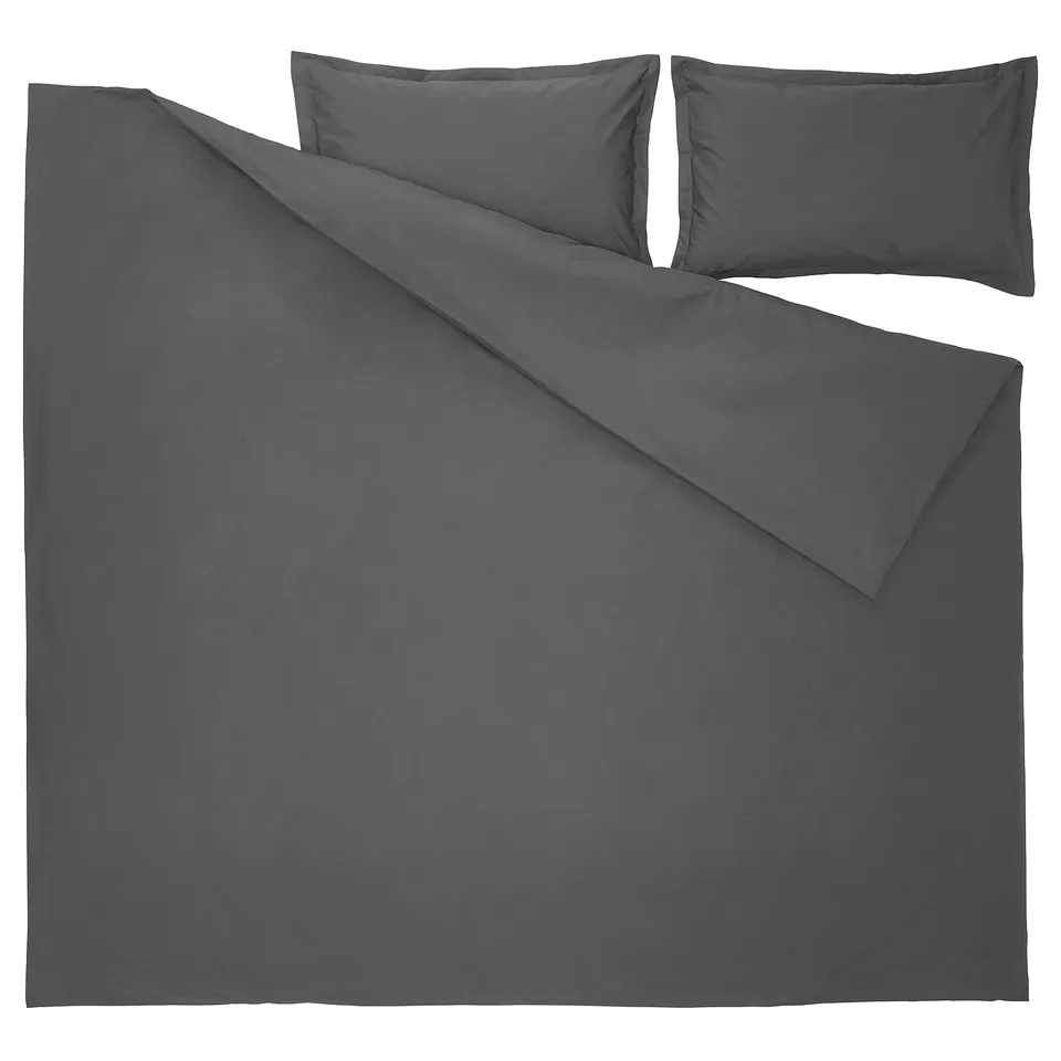 Dark grey duvet set with matching pillowcases, crisp cotton percale, classic design.