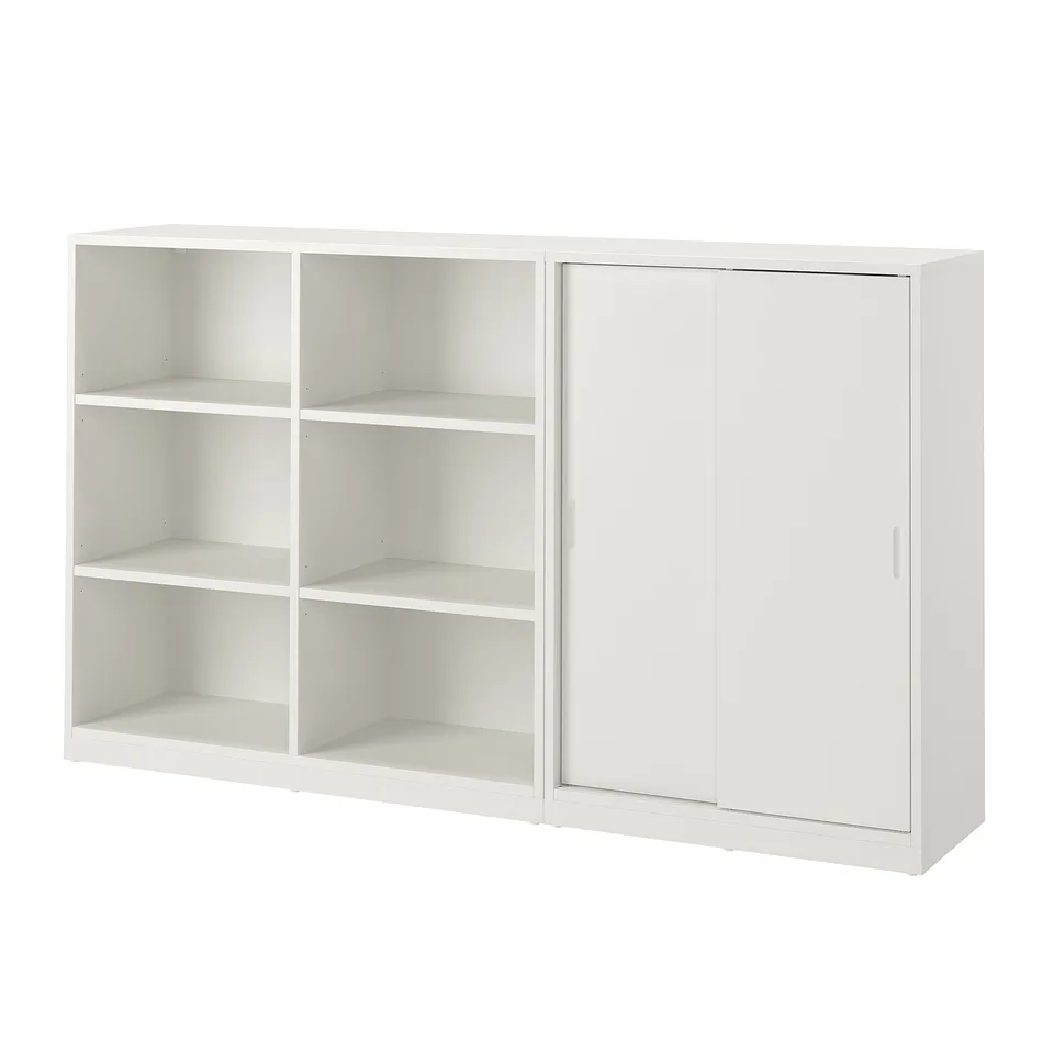 TONSTAD off-white bookcase, sliding door, particleboard, adjustable shelves, sleek design.
